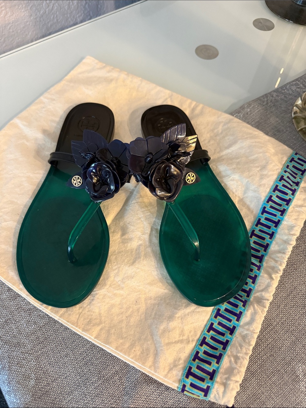 Tory Burch Dark Green Jelly Floral Thong Sandals with Navy Accents